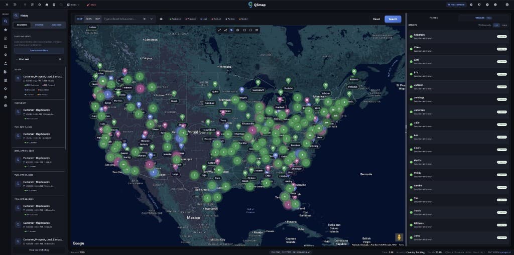 QSmap showing customers, prospects, and leads clustered on a map of North America